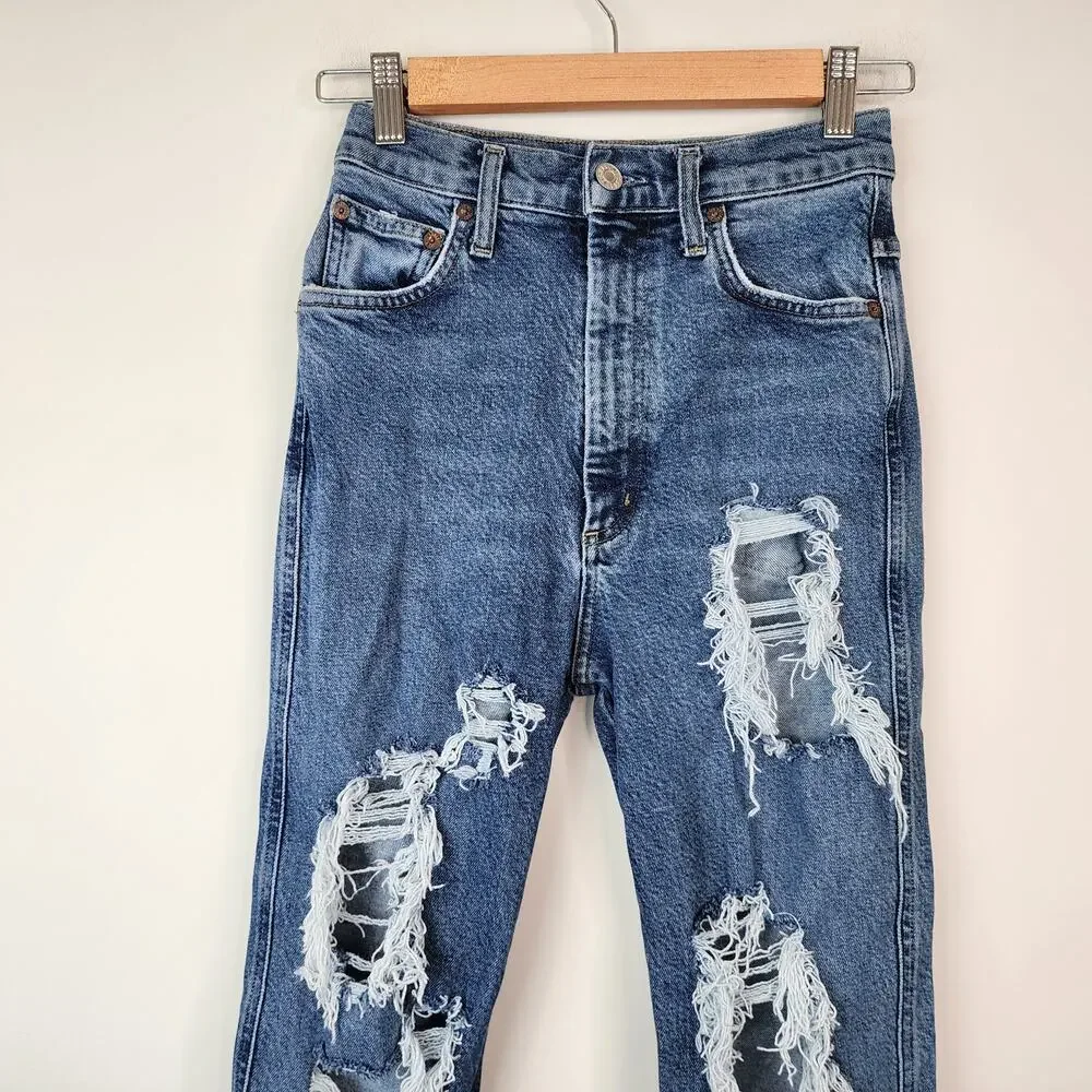 Agolde Pinch Waist High Rise Straight Jeans Size 24 Distressed Ripped Denim